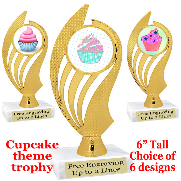 Cupcake themed trophy.  6" tall with choice of cupcake artwork.  Includes free engraved trophy plate   (ph102