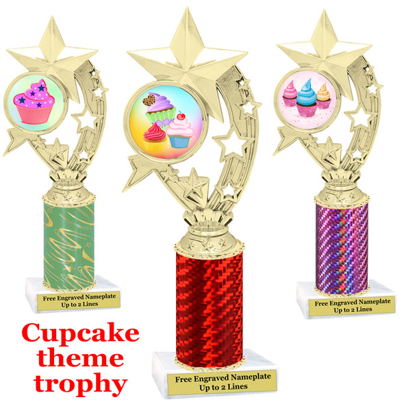 Cupcake Theme Trophy.  Choice of column color, trophy height, cupcake artwork and base!  h208