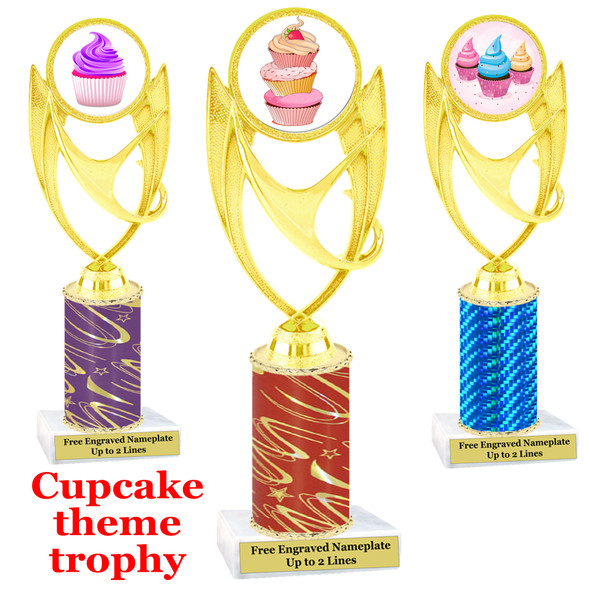 Cupcake Theme Trophy.  Choice of column color, trophy height, cupcake artwork and base!  ph28