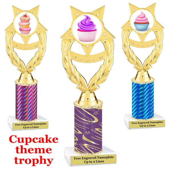 Cupcake Theme Trophy.  Choice of column color, trophy height, cupcake artwork and base!  ph97