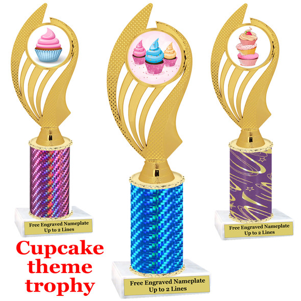 Cupcake Theme Trophy.  Choice of column color, trophy height, cupcake artwork and base!  ph102