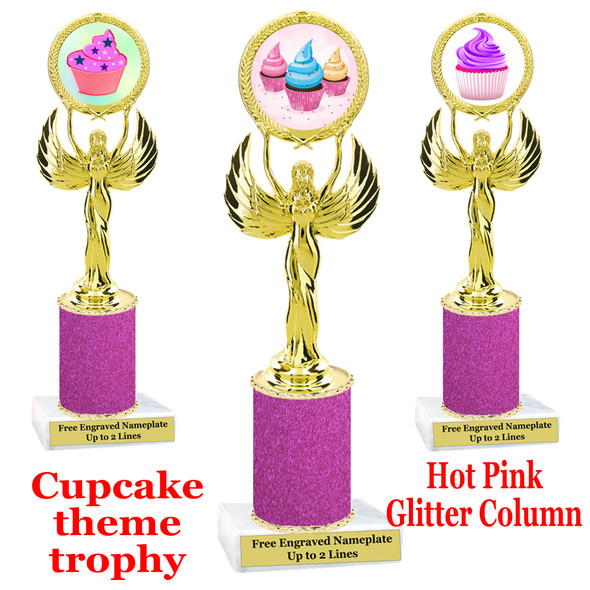 Cupcake trophy with Hot Pink Glitter column.  Choice of cupcake artwork and trophy height.  80087