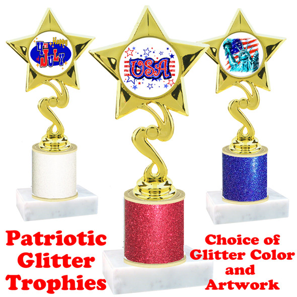 Patriotic theme trophy with glitter column.  Choice of artwork, glitter color and trophy height - 80106