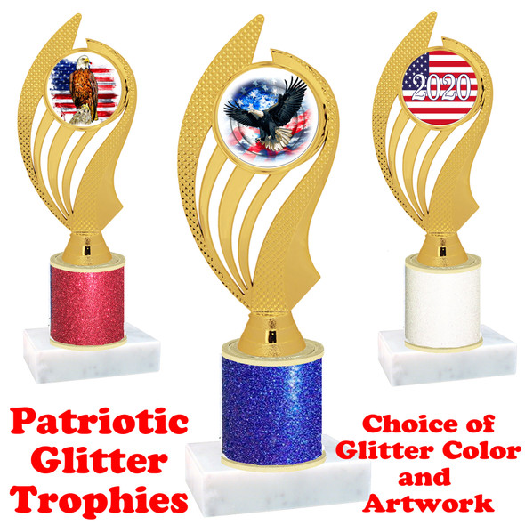 Patriotic theme trophy with glitter column.  Choice of artwork, glitter color and trophy height - ph102