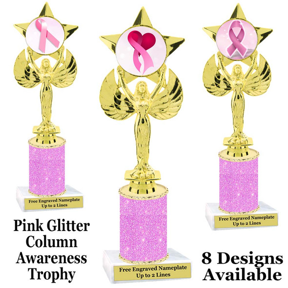 Awareness theme trophy.  Pink Glitter column with choice of art work.  Numerous heights available. 7517