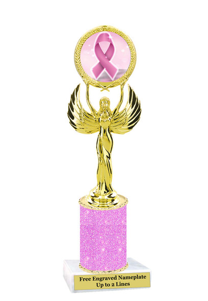 Awareness theme trophy.  Pink Glitter column with choice of art work.  Numerous heights available. 80087