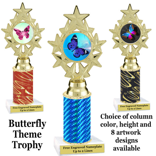 Butterfly theme trophy.  Choice of column color, trophy height and artwork.    (ph75