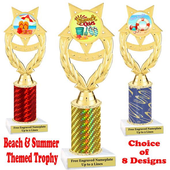 Summer - Beach theme trophy.  Choice of trophy height, column color and base. (ph97