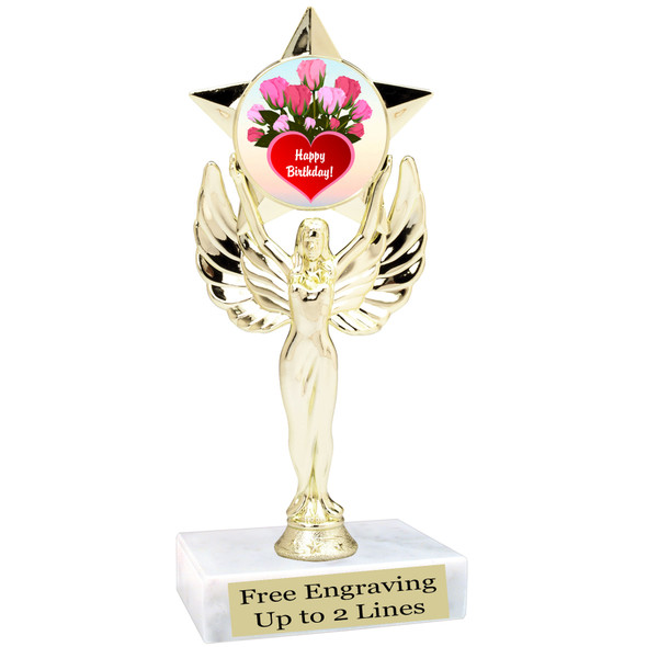 Birthday theme trophy with choice of art work. Great party favor!  6" tall  (7517