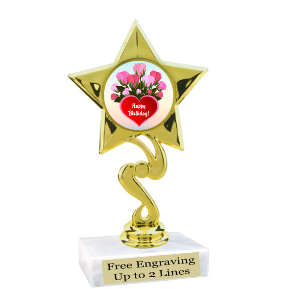 Birthday theme trophy with choice of art work. Great party favor!  6" tall  (80106
