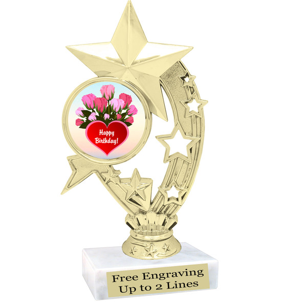 Birthday theme trophy with choice of art work. Great party favor!  6" tall  (h208