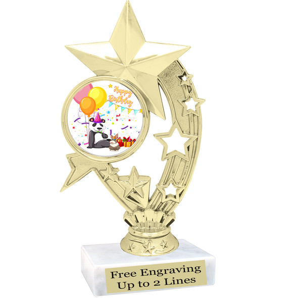  Kids Birthday theme trophy with choice of art work. Great party favor!  6" tall  (h208