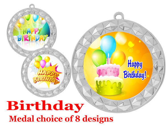 Birthday  theme medal.  Choice of 8 designs.  Includes free engraving and neck ribbon.  (bday - 935s