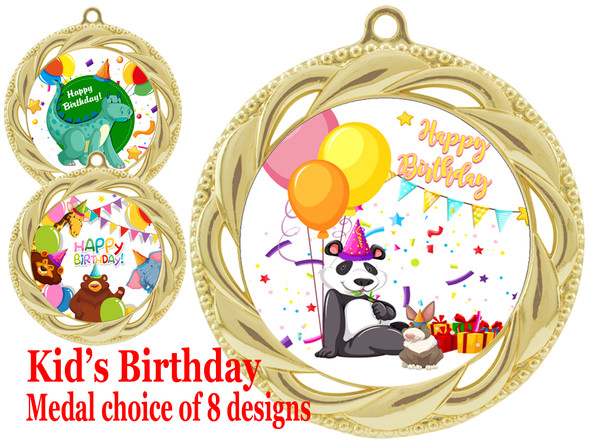 Kids Birthday  theme medal.  Choice of 8 designs.  Includes free engraving and neck ribbon.  (bday - 938g