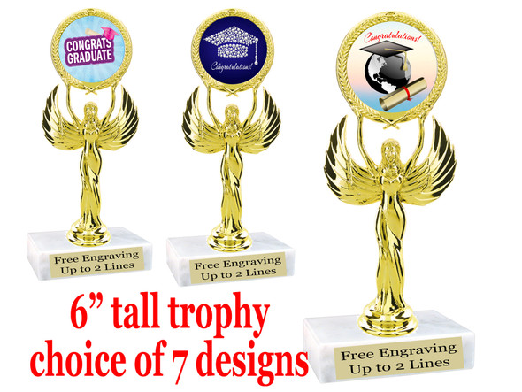 Graduation theme  trophy with choice of art work.   6" tall  80087