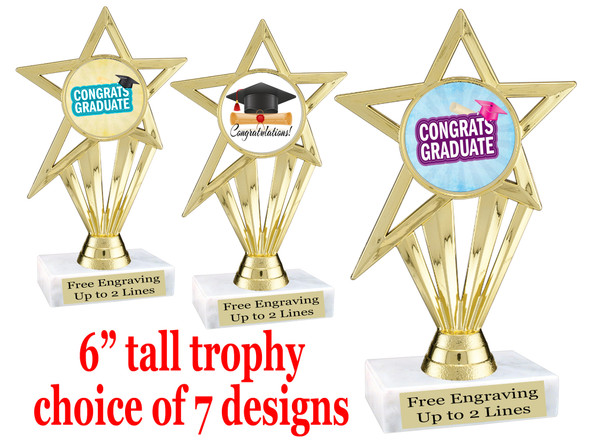 Graduation theme  trophy with choice of art work.   6" tall  ph30