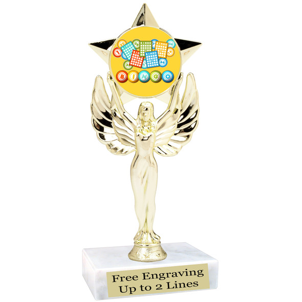 BINGO!  trophy.  6"tall with choice of insert design.  Great award for your Bingo games and  Family Game Nights! 7517