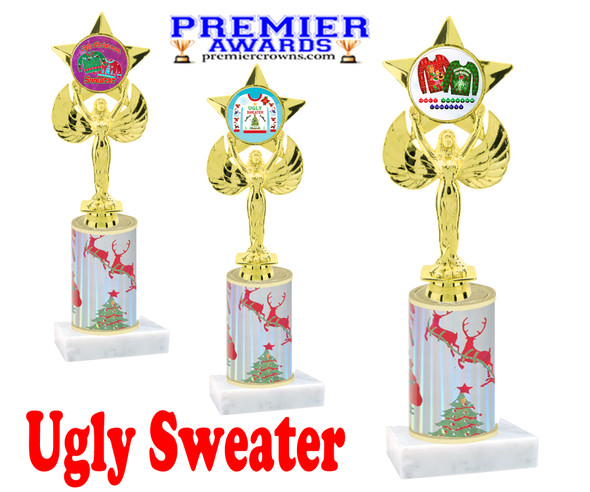 Ugly Sweater theme trophy. Choice of art work.  Multiple trophy heights available.  7517