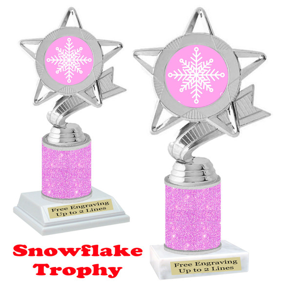 Snowflake theme trophy.  Pink Glitter Column.  Great for your Winter themed events! 5043