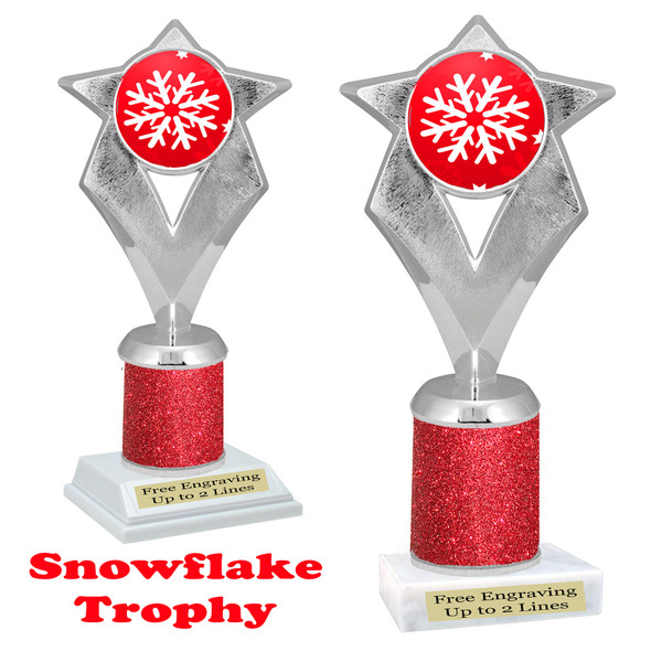 Snowflake theme trophy.  Red Glitter Column.  Great for your Winter themed events! 5086