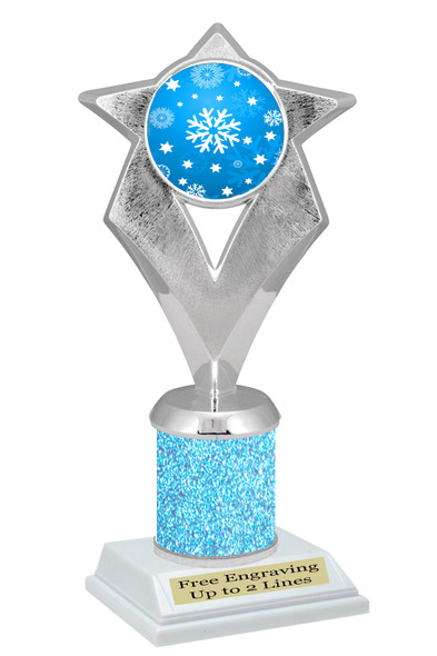 Snowflake theme trophy.  Lt. Blue Glitter Column.  Great for your Winter themed events! 5086