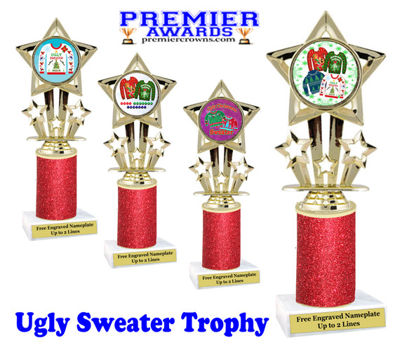 Ugly Sweater theme trophy. Add some bling to your Holiday Events with this Glitter column trophy.  767-3