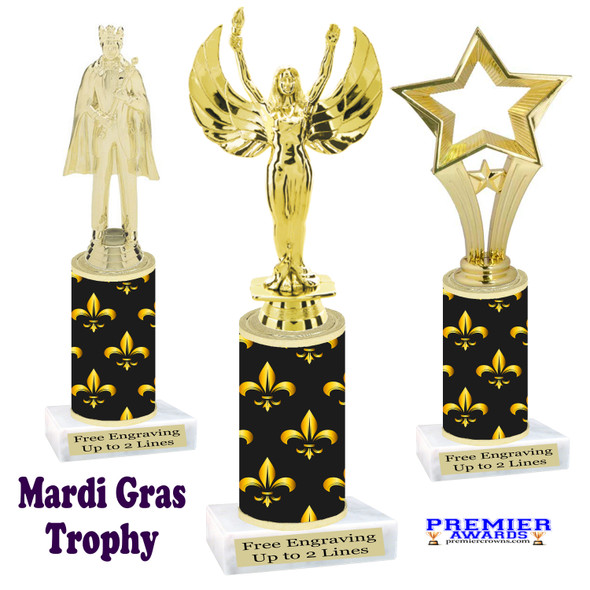 Mardi Gras Theme trophy.  Numerous figures available. Great trophy for your pageants, events, contests and more!   21-002