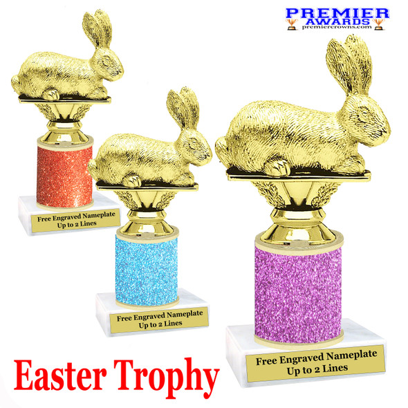 Easter theme trophy. Bunny with glitter column. Great award for your pageants, Easter Egg Hunts, contests, competitions and more. 