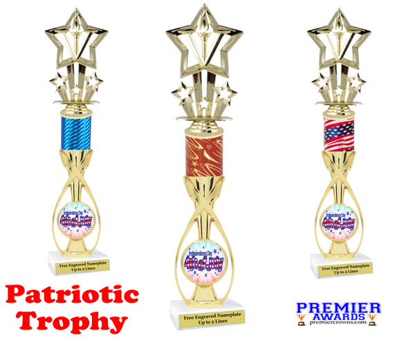 Patriotic theme trophy.  14" tall Great trophy for all of your patriotic themed events!  (764
