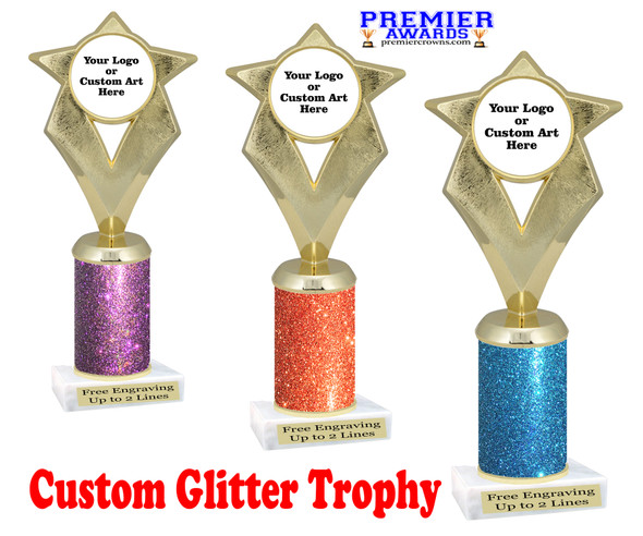 Custom glitter trophy.  Add your logo or art work for a unique award!  Numerous glitter colors and heights available - 5086g