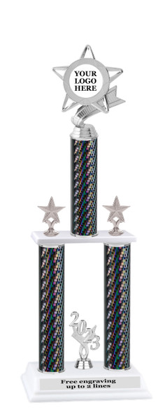 Custom  2 Column Trophy - Available in multiple heights and column colors.  Upload your logo.  Silver trim and figure.  5043-s