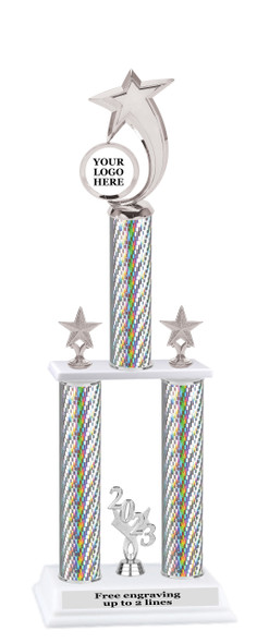 Custom  2 Column Trophy - Available in multiple heights and column colors.  Upload your logo.  Silver trim and figure.  6061-s