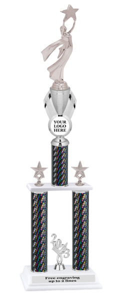 Custom  2 Column Trophy - Available in multiple heights and column colors.  Height starts at 18 inches. Upload your logo.  Silver trim and figure.  42655s mod victory