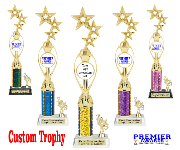 Custom trophy.  Add you logo or custom art work for a unique award.  Trophy heights starts at 14" tall - gold 3 stars