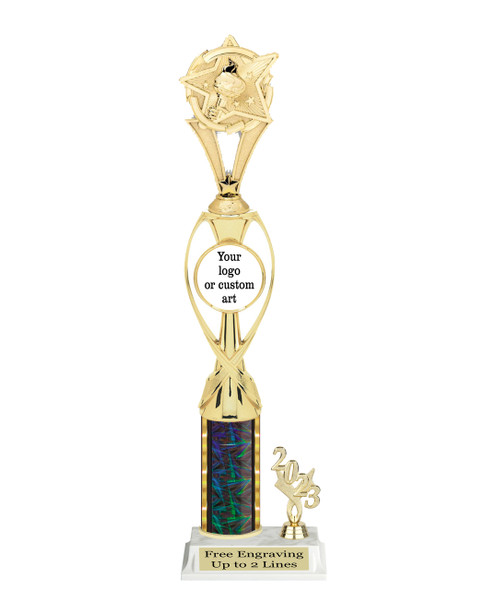 Custom trophy.  Add you logo or custom art work for a unique award.  Trophy heights starts at 14" tall - mf1701