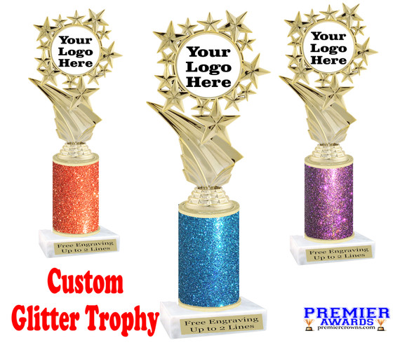 Custom glitter trophy.  Add your logo or art work for a unique award!  Numerous glitter colors and heights available - 696