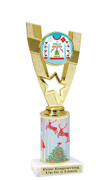 Ugly Sweater theme trophy. Choice of art work.  Multiple trophy heights available.  90786