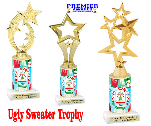 Ugly Sweater theme trophy. Choice of figure.  10" tall