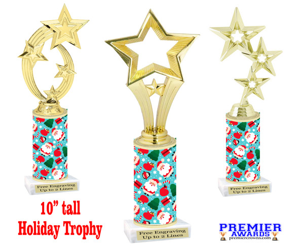 Santa theme trophy. Choice of figure.  10" tall - Great for all of your holiday events and contests. 1