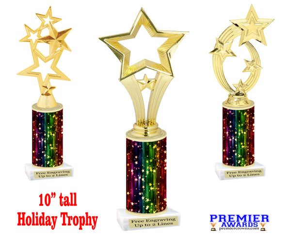 Holiday theme trophy. Choice of figure.  10" tall - Great for all of your holiday events and contests. 1