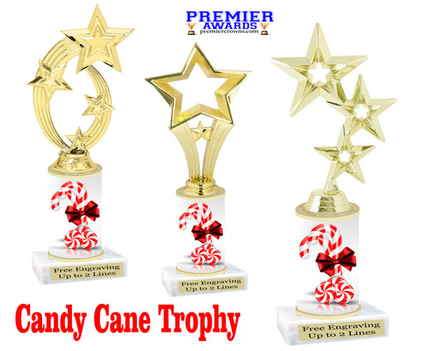 Candy Cane theme trophy. Choice of figure.  10" tall - Great for all of your holiday events and contests. 3