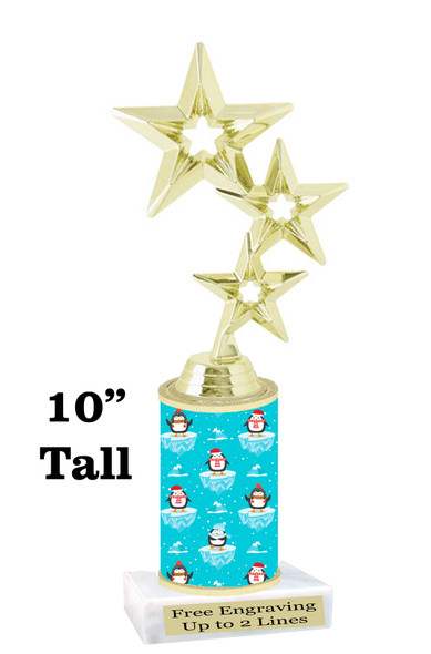 Penguin theme trophy. Choice of figure.  10" tall - Great for all of your holiday events and contests.  sub 2