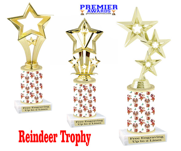 Reindeer theme trophy. Choice of figure.  10" tall - Great for all of your holiday events and contests.  sub 3