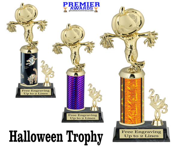 Halloween theme trophy with CURRENT year.  Choice of column and trophy height.  9 designs available.  Scarecrow