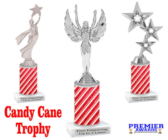 Candy Cane theme trophy. Choice of figure.   Great for all of your holiday events and contests. sub 6