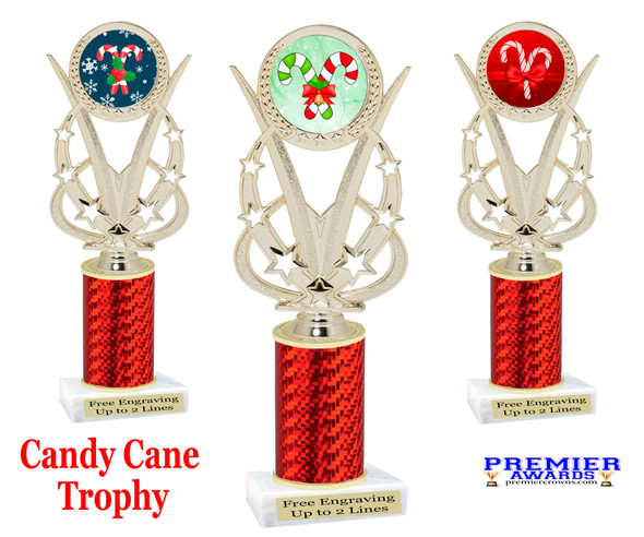 Candy Cane theme trophy. Choice of artwork.   Great for all of your holiday events and contests. Red H415