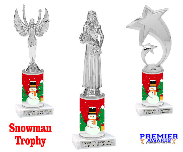 Snowman theme trophy. Choice of figure.  10" tall - Great for all of your holiday events and contests. Silver 1