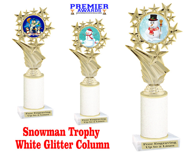 Snowman theme trophy. White Glitter column. Choice of artwork.   Great for all of your holiday events and contests. 696