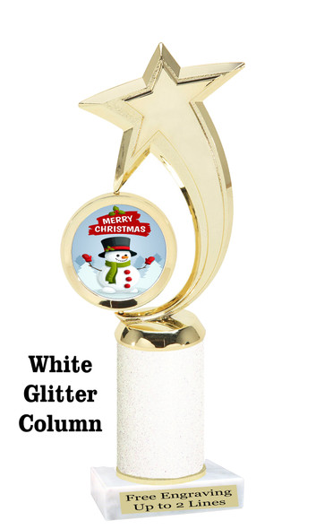 Snowman theme trophy. White Glitter column. Choice of artwork.   Great for all of your holiday events and contests. 6061g