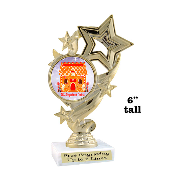 Gingerbread House Trophy.  6" tall.  Includes free engraving.   A Premier exclusive design! f649